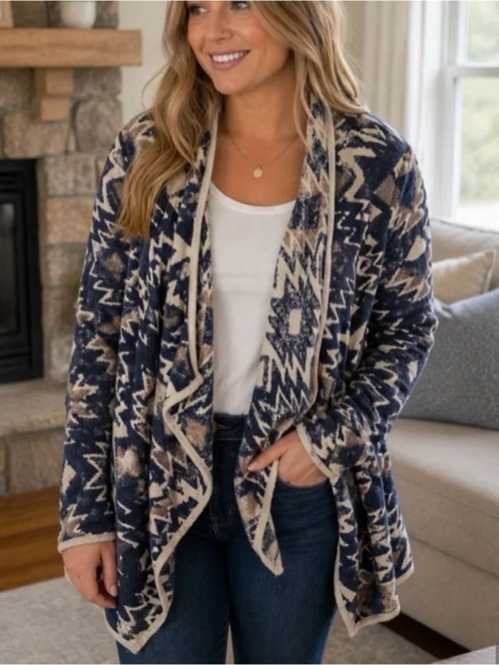 Lucky Brand Boho Southwestern Fringed Aztec Open Front Cardigan Sweater Sz XL